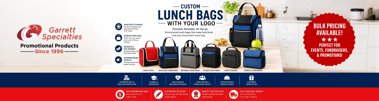 Custom lunch bags and insulated lunch totes printed with company logo for corporate gifts and promo giveaways