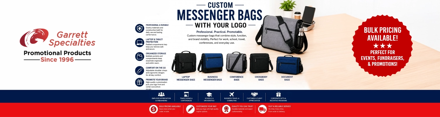 Custom messenger bags with logo including padded laptop satchels canvas cross body books bags and promotional courier packs printed with company branding