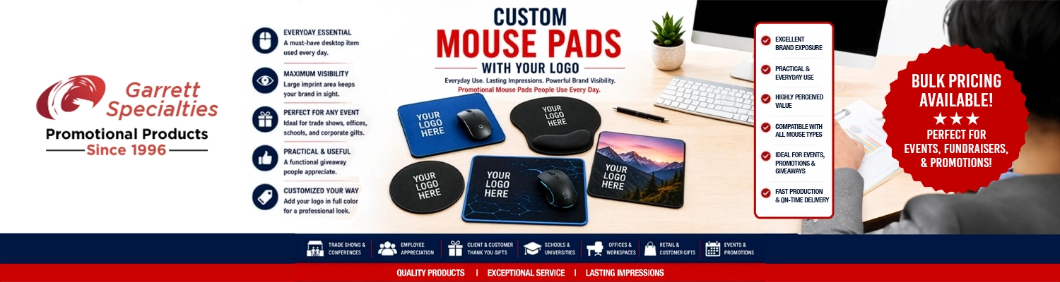 Custom Mouse Pads with Your Logo Custom mouse pads with your logo including standard mouse pads, ergonomic mouse pads, gaming mouse pads, wrist rest mouse pads, and promotional computer mouse pads for offices, trade shows, employee gifts, and corporate giveaways