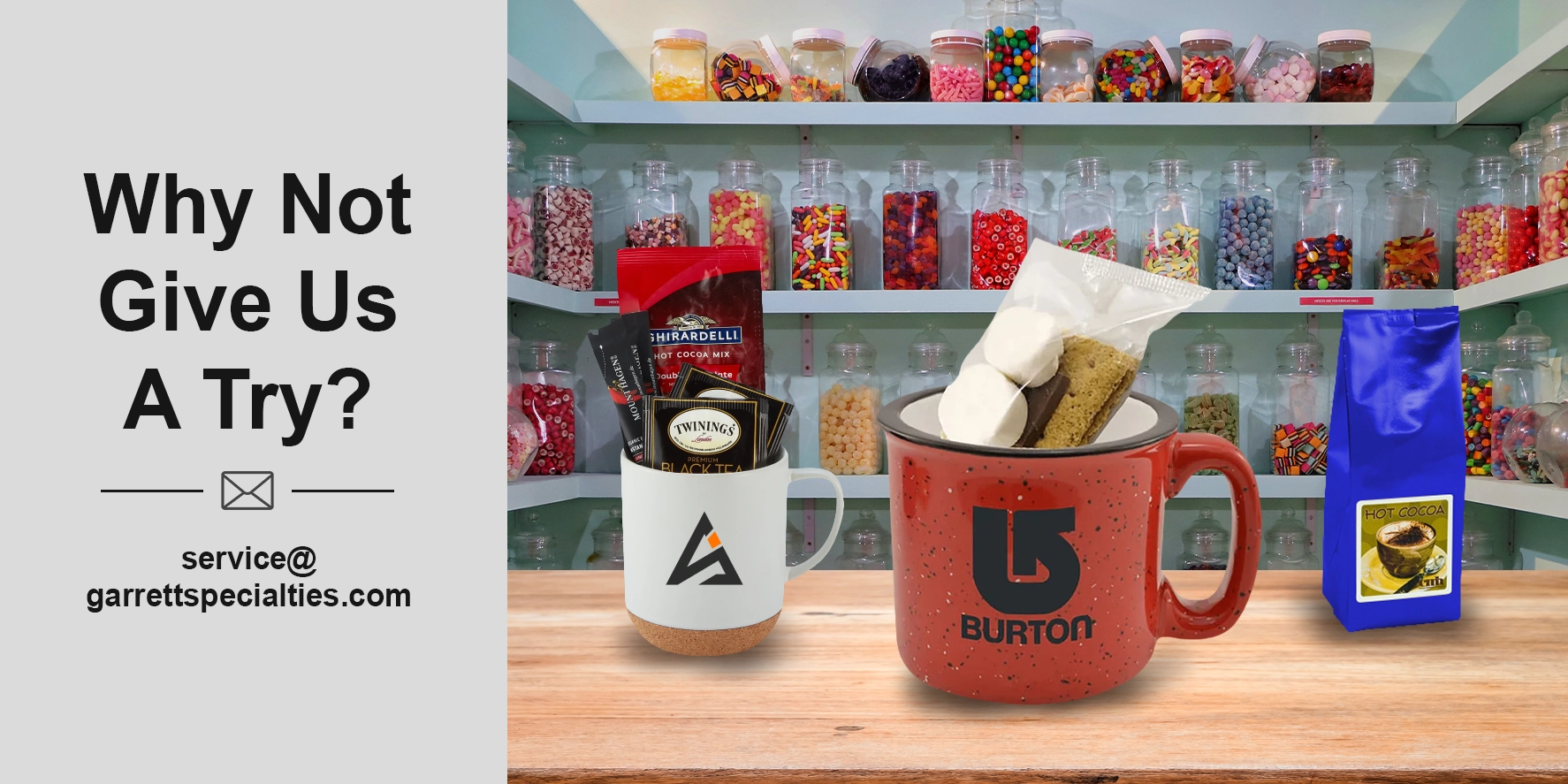 Custom mug stuffers and promotional food treats for employee gifts, clients and corporate events