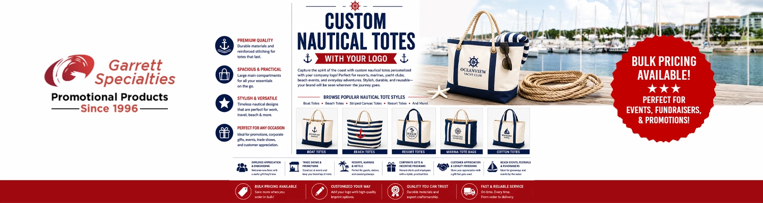 Custom nautical totes and sailor boat bags printed with company logo for corporate gifts and resort promotions
