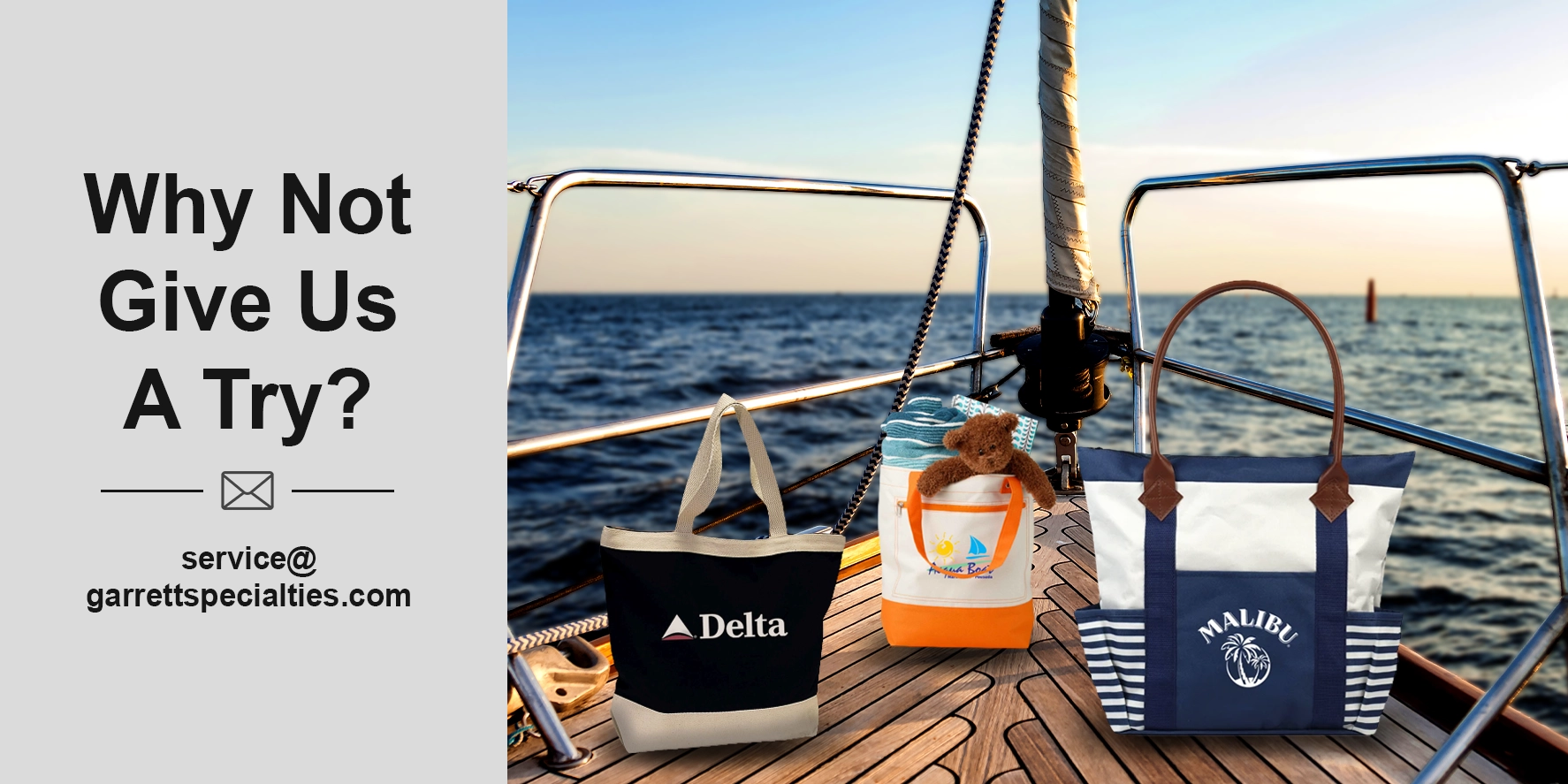 Custom nautical tote bags and personalized boat totes with company, resort, marina and yacht club logos for hospitality programs, summer events, travel and corporate outings