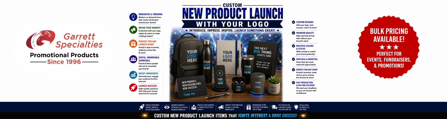 Custom new product launch giveaways and promotional launch merchandise printed with logo