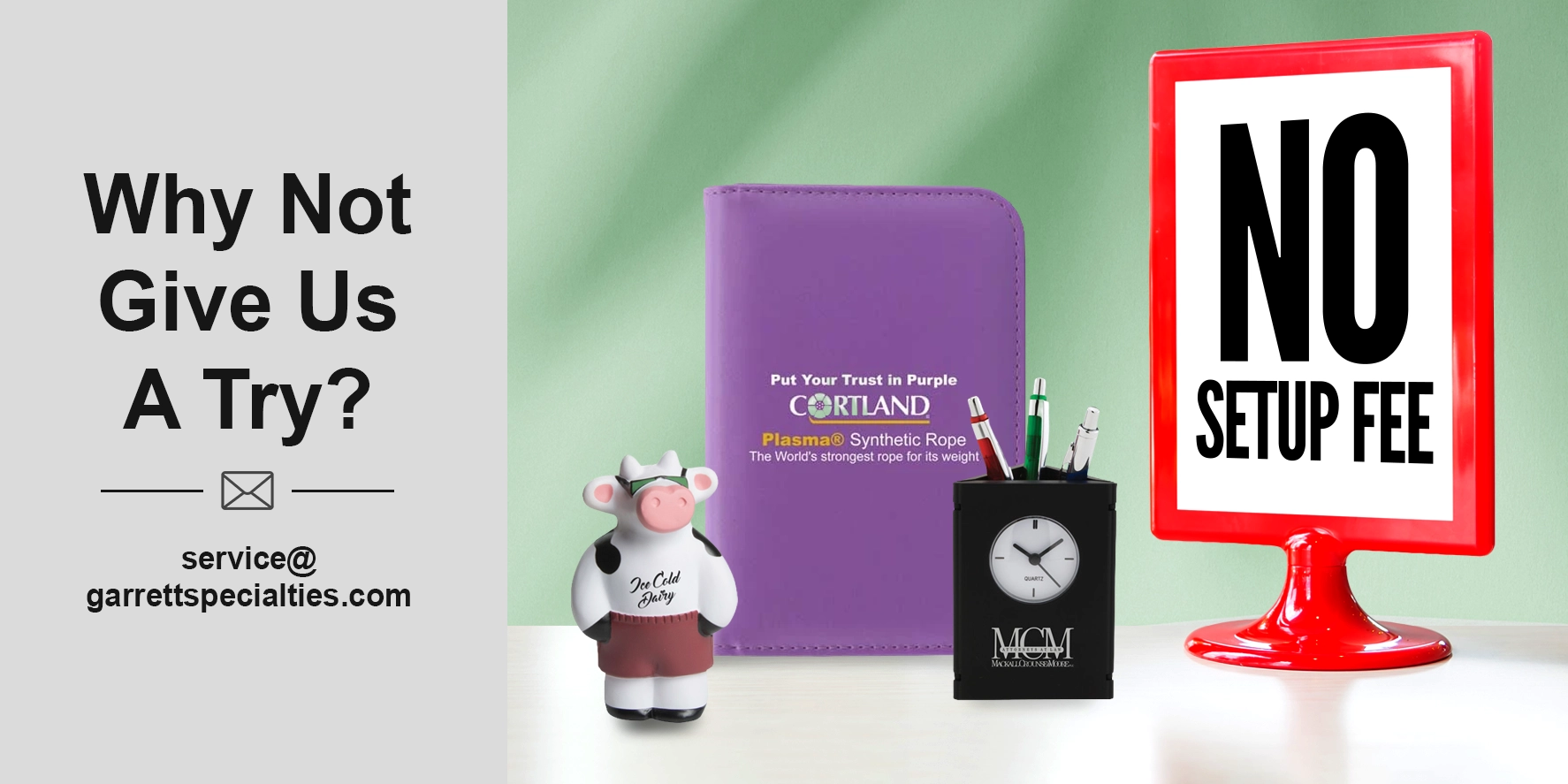 Custom promotional products with no setup fee, including personalized pens, bags, drinkware, office supplies and affordable logo giveaways for businesses and events