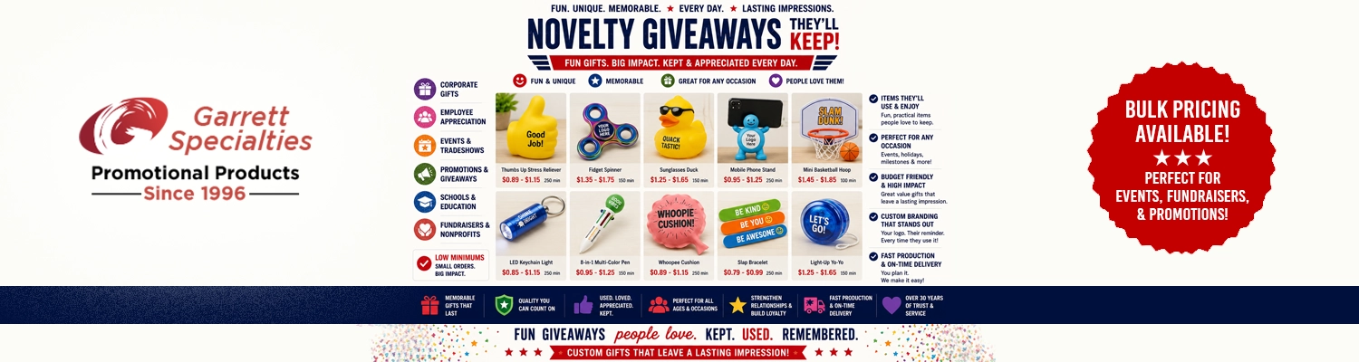 Custom novelty items and bulk promotional giveaways printed with your logo