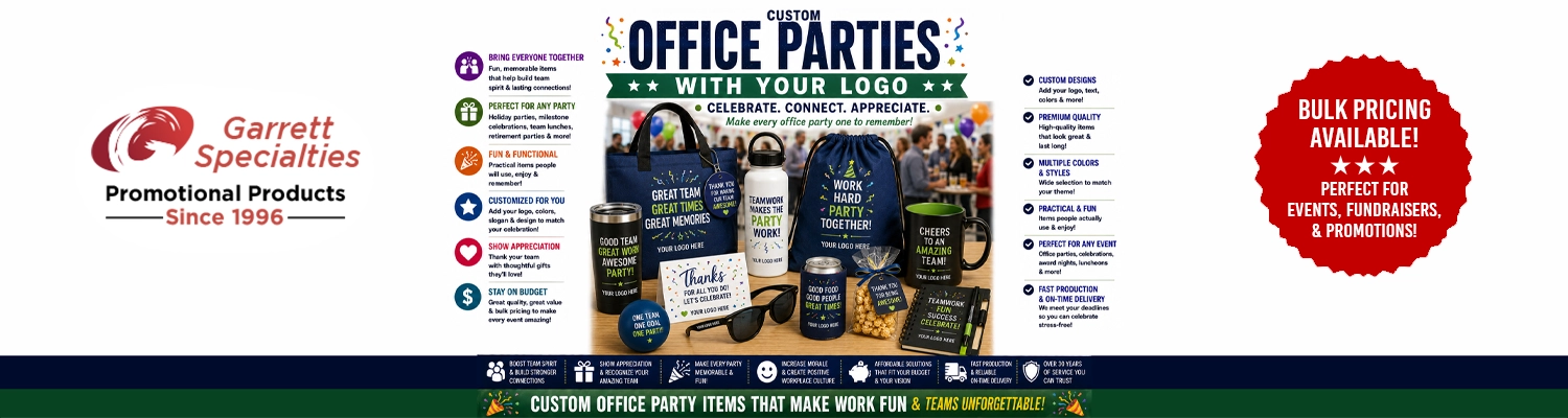 Custom office party supplies and corporate event favors printed with logo