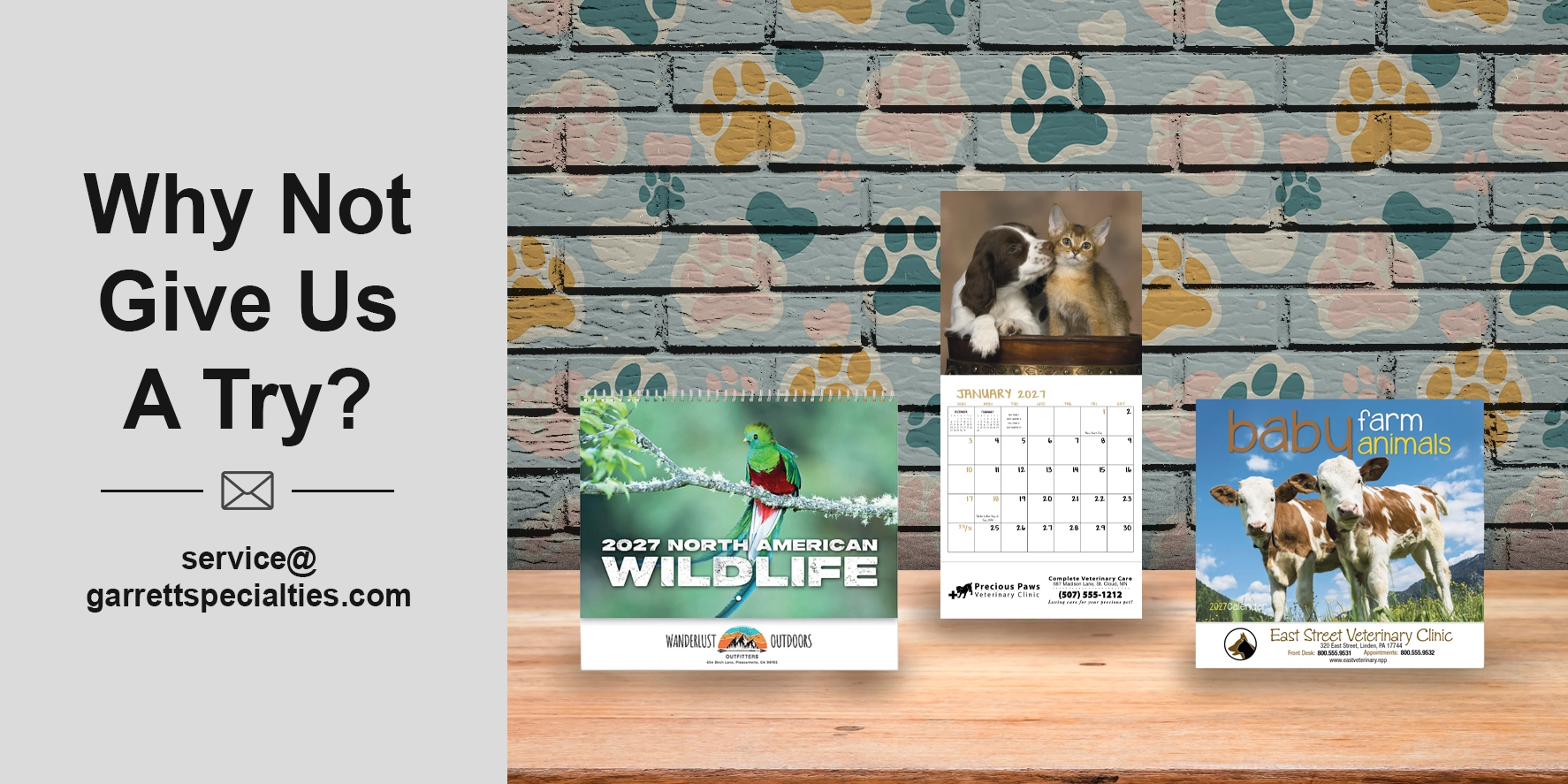 Custom pet and animal wall calendars featuring dog, cat, wildlife, bird and farm animal themes personalized with business and organization logos for veterinarians, animal shelters, schools, customers and employees