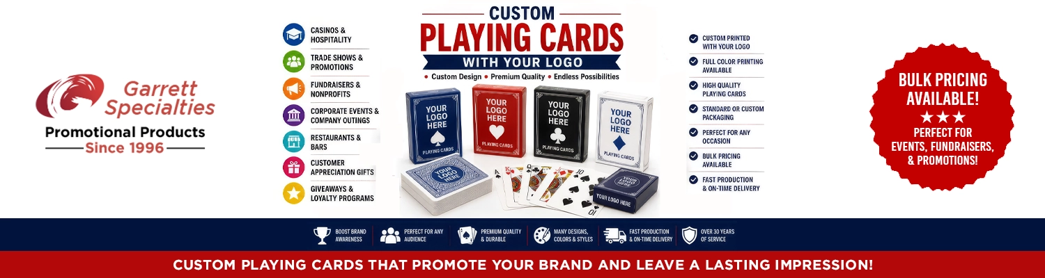 Custom playing cards and promotional card decks printed with company logo for corporate gifts and trade show giveaways
