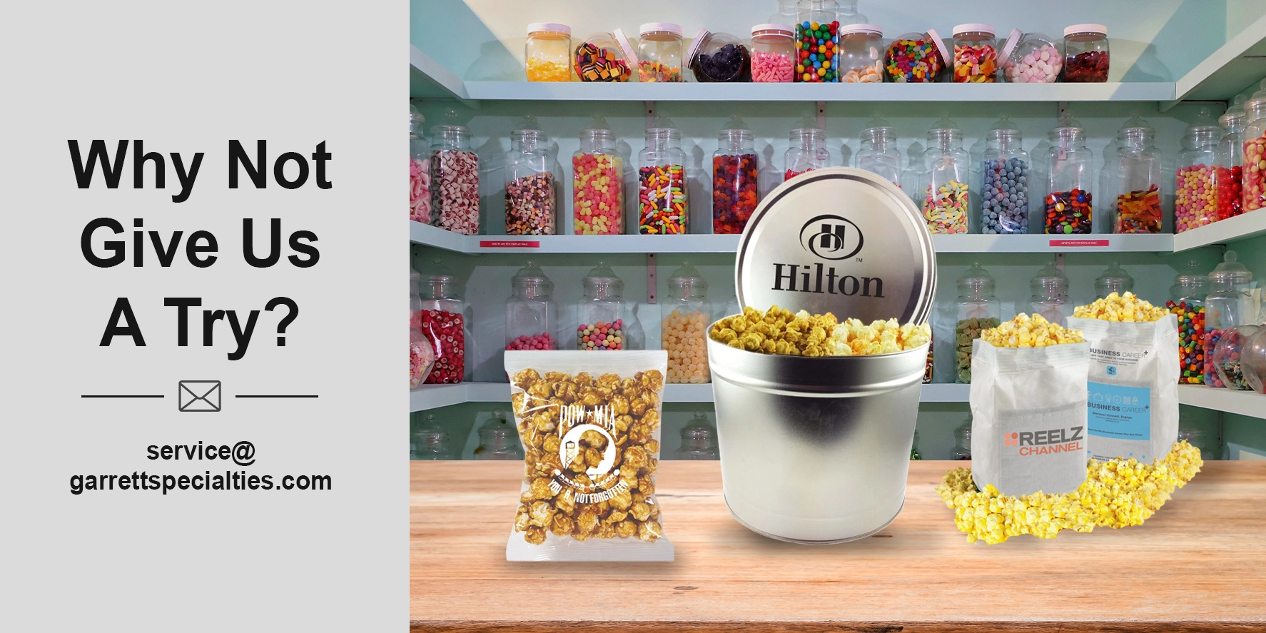 Popcorn the Perfect Giveaway for Trade Shows, Holiday Gifts & Office Parties Custom popcorn tins and bags with your logo-perfect for events, parties or promotions