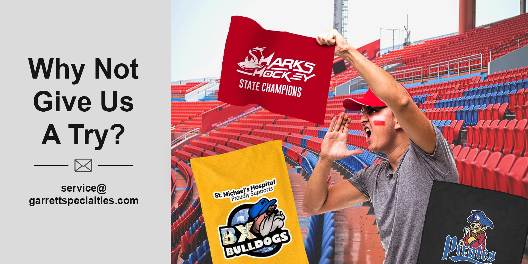 Custom Rally Towels & Sports Towels Custom rally towels and promotional spirit towels for sports events, schools, pep rallies, tournaments, corporate events and giveaway