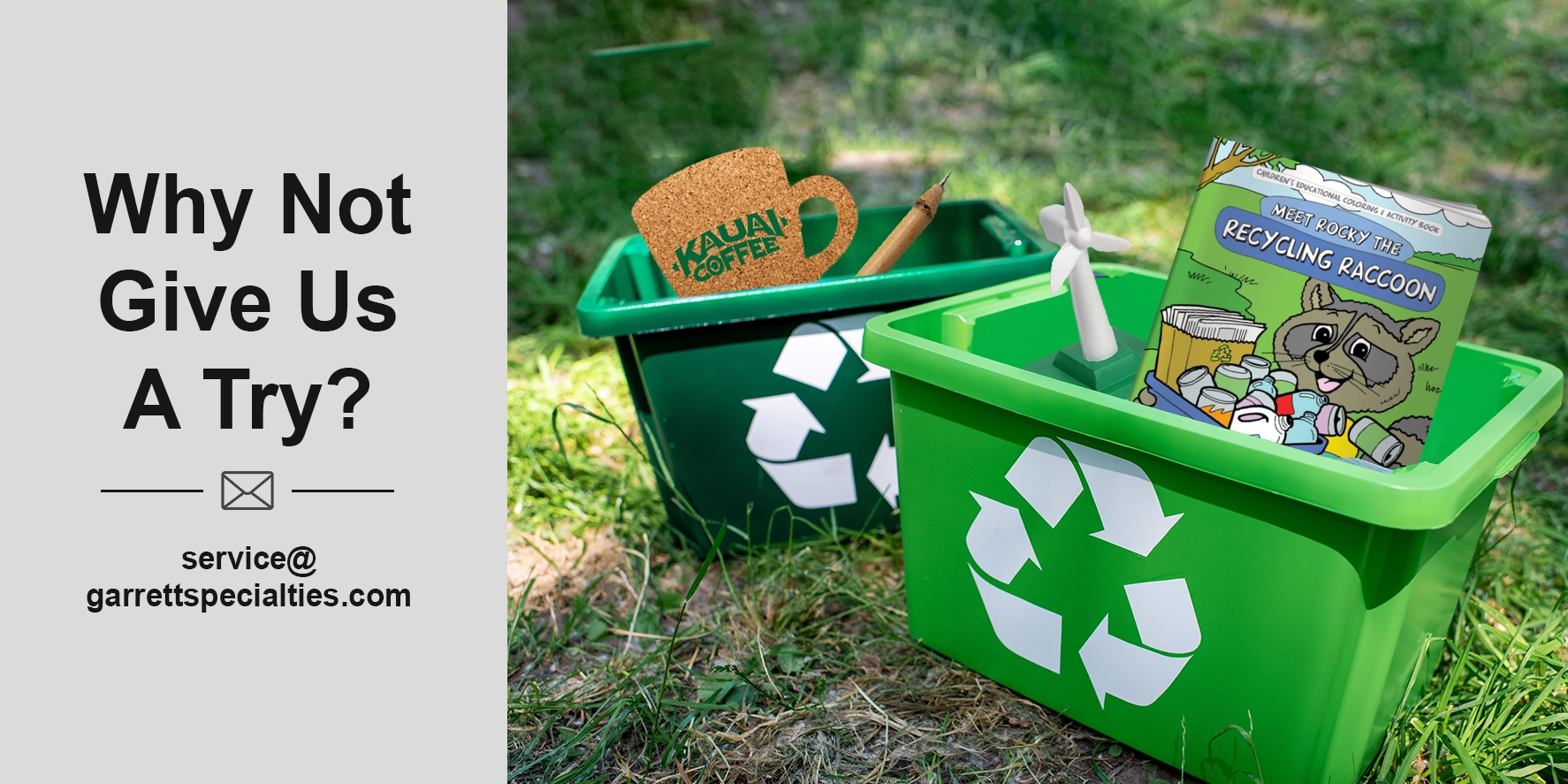 Custom promotional products made from recycled materials personalized with business, school and organization logos for Earth Day, recycling awareness, green initiatives, trade shows and environmental programs