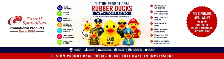 Assorted custom promotional rubber ducks including yellow floaters and themed character novelties printed with company logo branding