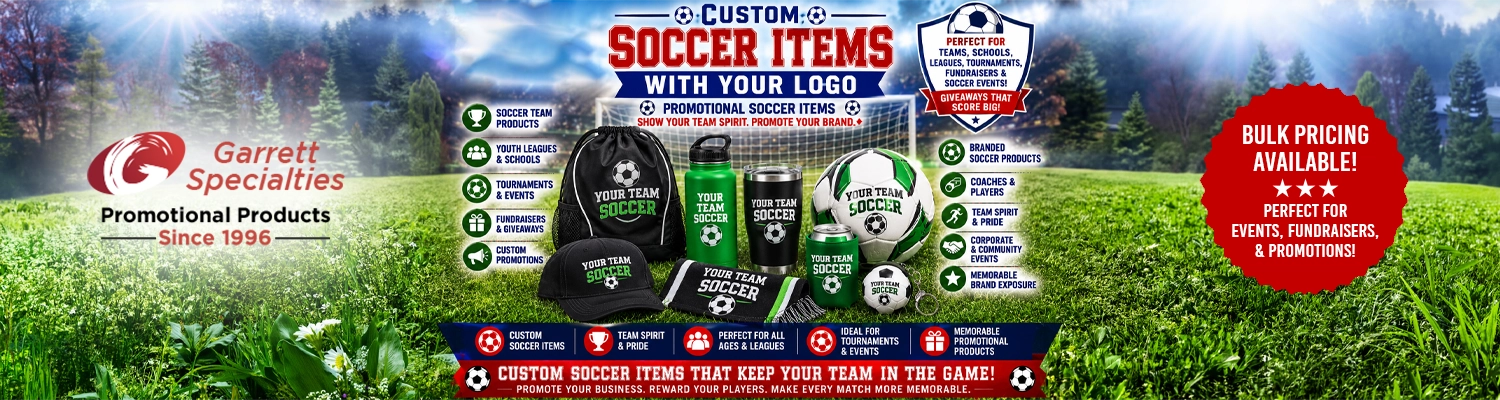 Assorted custom soccer promotional items and team giveaways printed with company logo branding