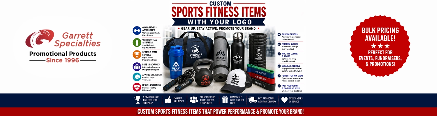 Assorted custom sports fitness promotional items and workout accessories printed with company logo branding
