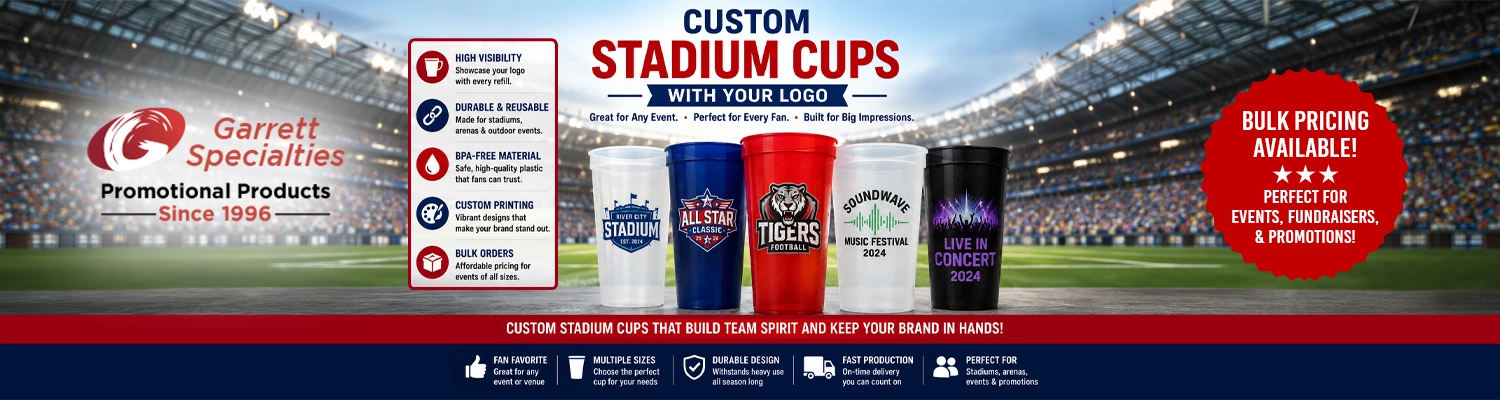 Custom colorful plastic stadium cups printed with corporate logo for events and promotions