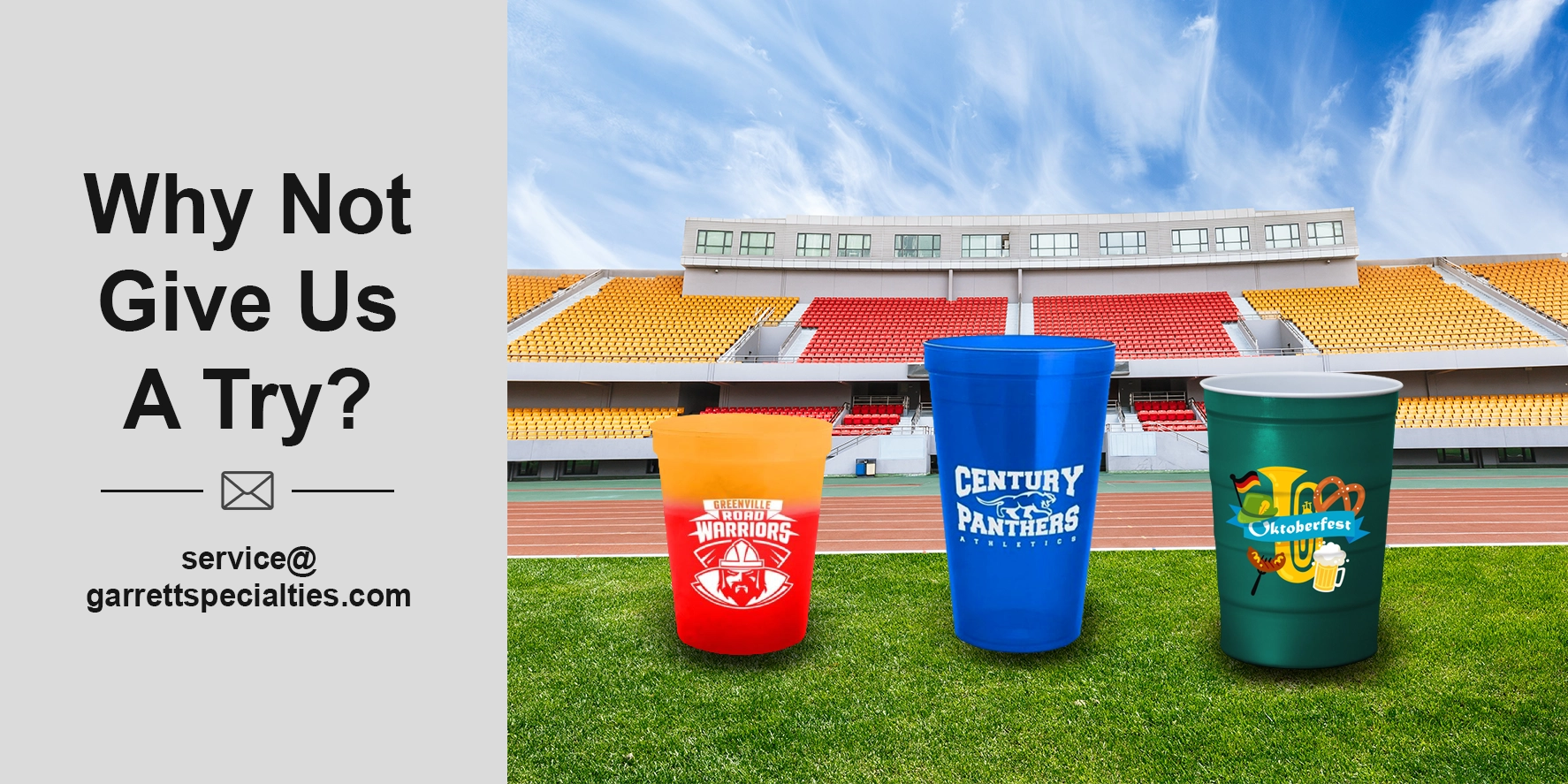 Custom stadium cups and personalized promotional cups with company, school, team and organization logos for sporting events, festivals, concerts, fundraisers and giveaways