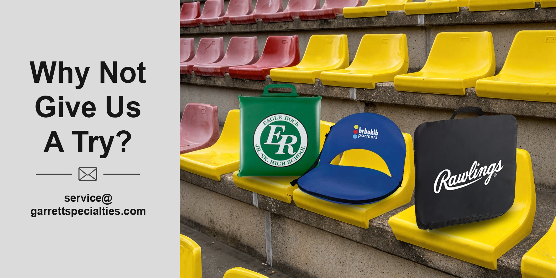 Custom stadium cushions and promotional bleacher seats for sports events, schools, graduations, outdoor concerts, booster clubs and community programs.