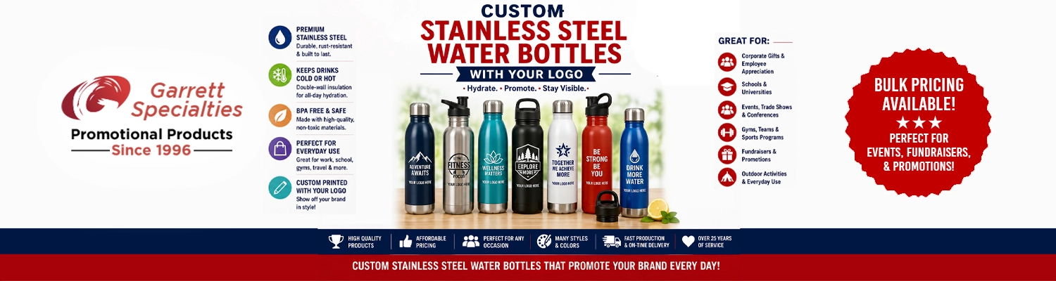 Custom vacuum insulated stainless steel water bottles printed with corporate logo