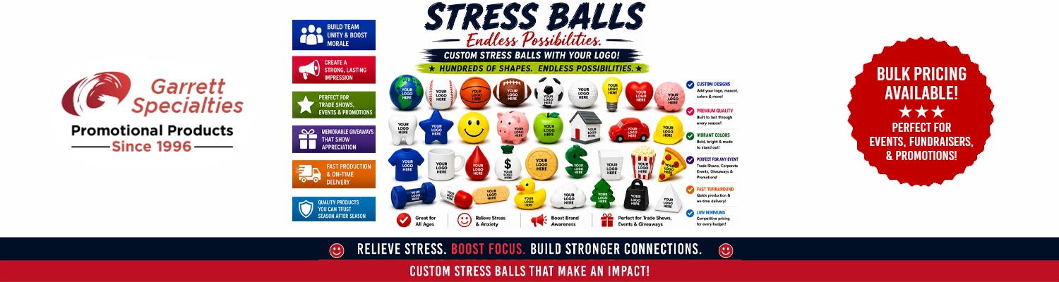 Custom stress balls and promotional squeeze relievers printed with company logo for corporate giveaways and wellness events