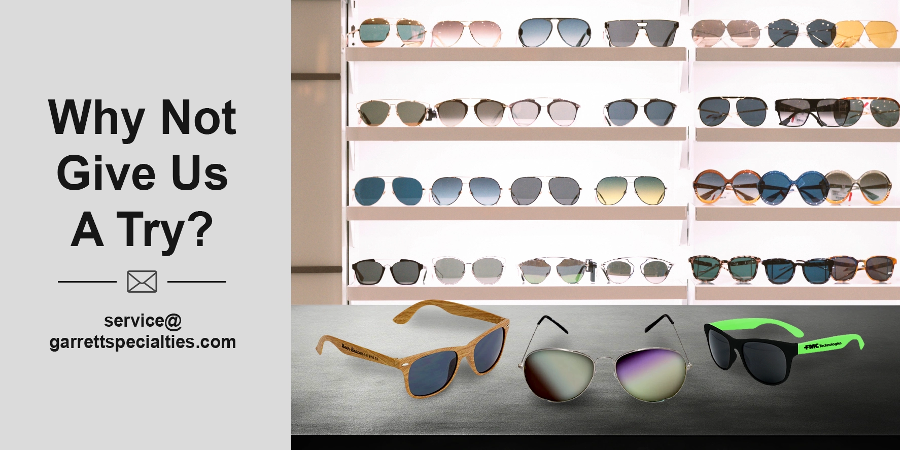 Logo Custiomized Sunglasses Personalized sunglasses featuring your logo or event name printed on the temple of the frame set the tone for the celebration.