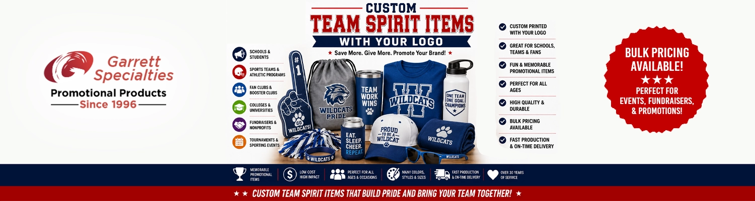 Assorted custom team spirit promotional products, stadium poms, and fan giveaways printed with company logo branding