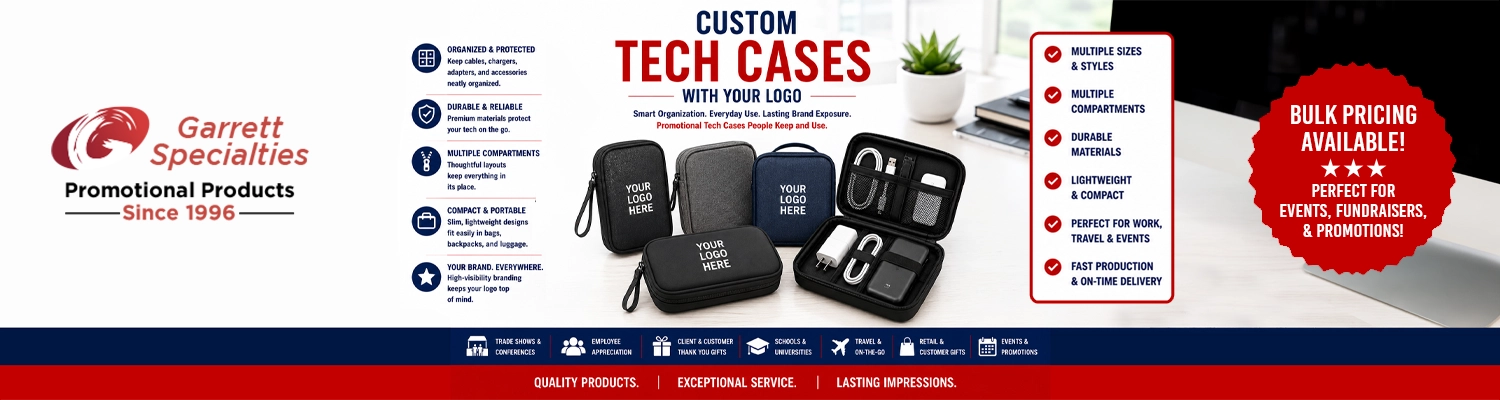 Custom Tech Cases with Your Logo Custom tech cases with your logo including travel tech organizers, electronic accessory cases, cable organizers, charger cases, earbud cases, and promotional tech storage cases for trade shows, employee appreciation, customer giveaways, and corporate promotions