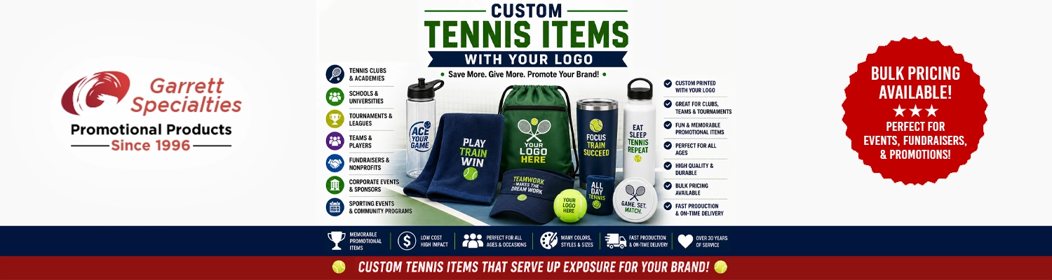 Assorted custom tennis promotional products and tournament accessories printed with company logo branding