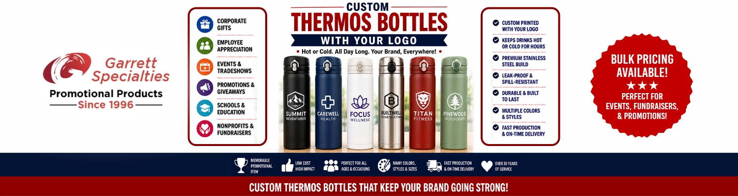 Custom double wall vacuum insulated thermos bottles and thermal flasks printed with corporate logo