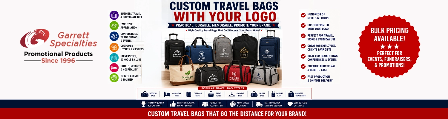 Custom travel bags and branded luggage printed with company logo for executive corporate gifts and travel rewards