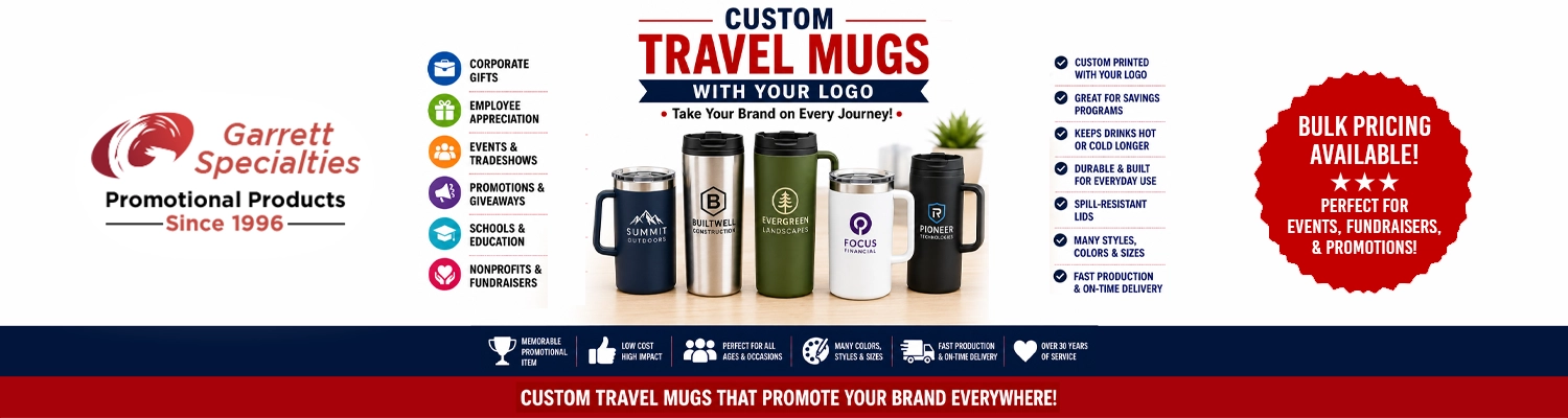Custom double wall insulated travel mugs with handles printed with corporate logo
