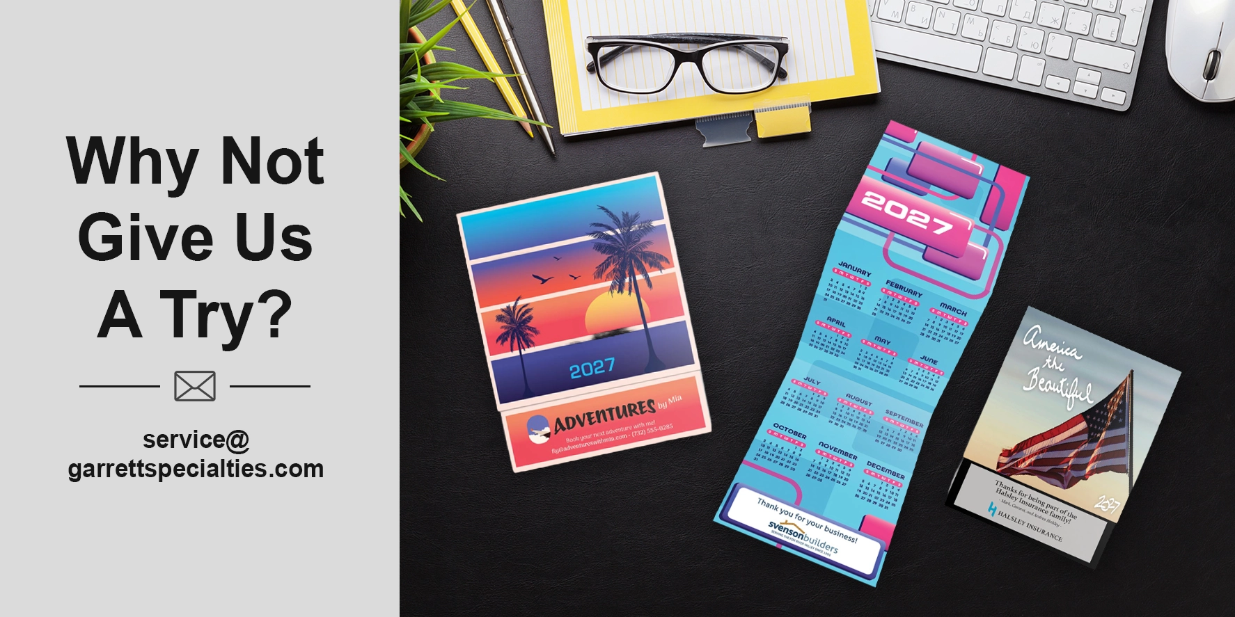 Custom tri-fold calendars and personalized 3-fold wall calendars with business and organization logos for offices, employees, clients, customers and annual planning programs