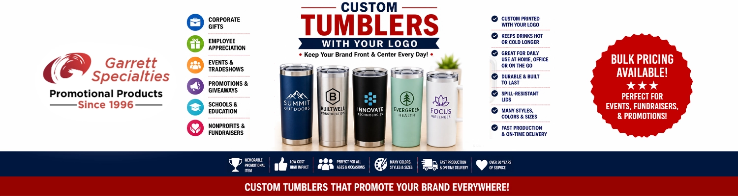 Custom vacuum insulated travel tumblers with leak resistant lids printed with corporate
