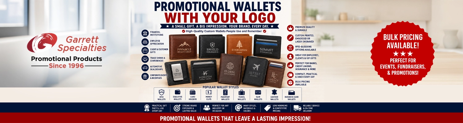 Custom wallets and promotional leather card holders printed with company logo for executive corporate gifts and client rewards