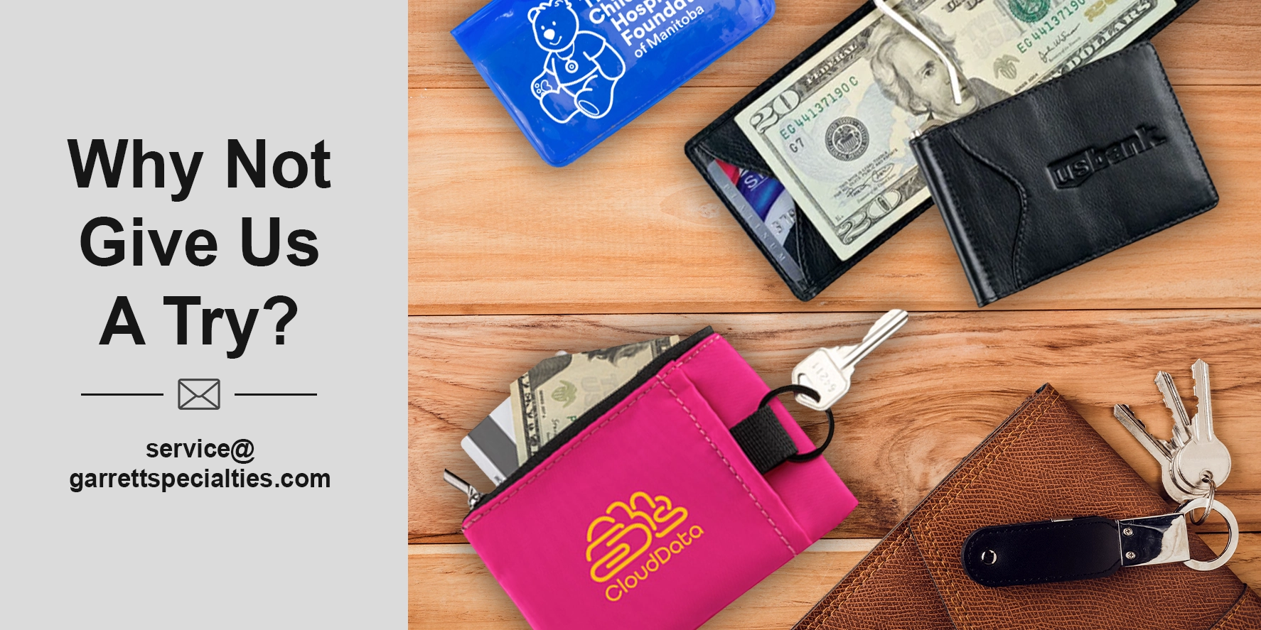 Custom wallets, personalized card holders and money clips with company logos for employee recognition, client gifts, executive programs, trade shows and corporate events