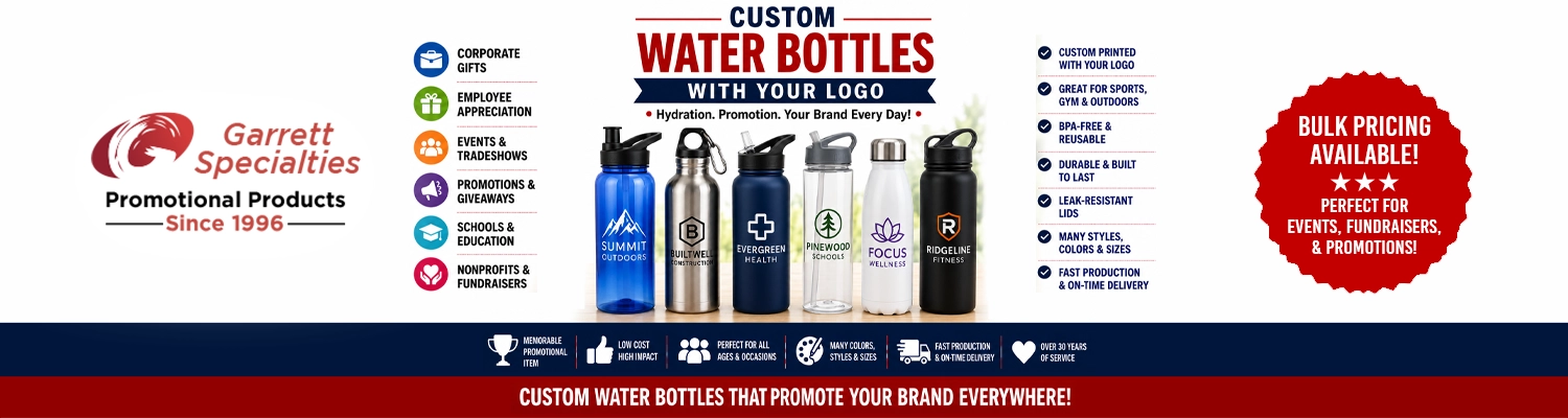 Custom reusable water bottles in plastic and stainless steel printed with corporate logo