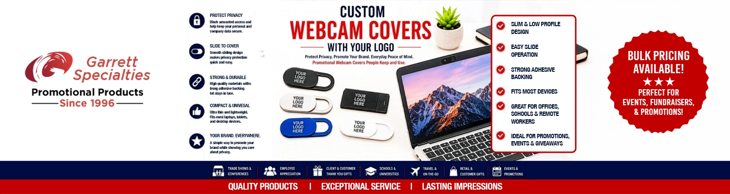 Custom Webcam Covers with Your Logo Custom webcam covers with your logo including sliding webcam covers, laptop webcam covers, webcam privacy covers, and promotional webcam covers for trade shows, employee appreciation, customer giveaways, schools, and corporate promotions