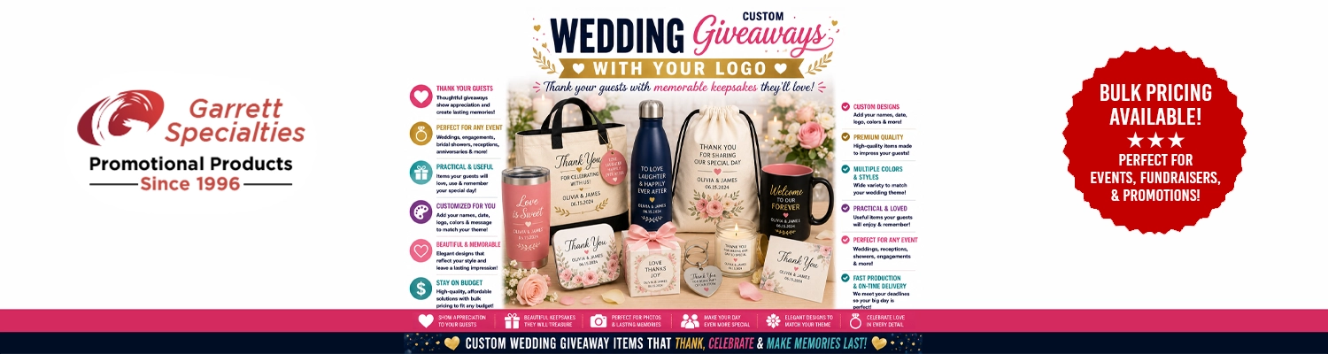 Custom wedding giveaways and personalized reception favors printed with monograms and dates