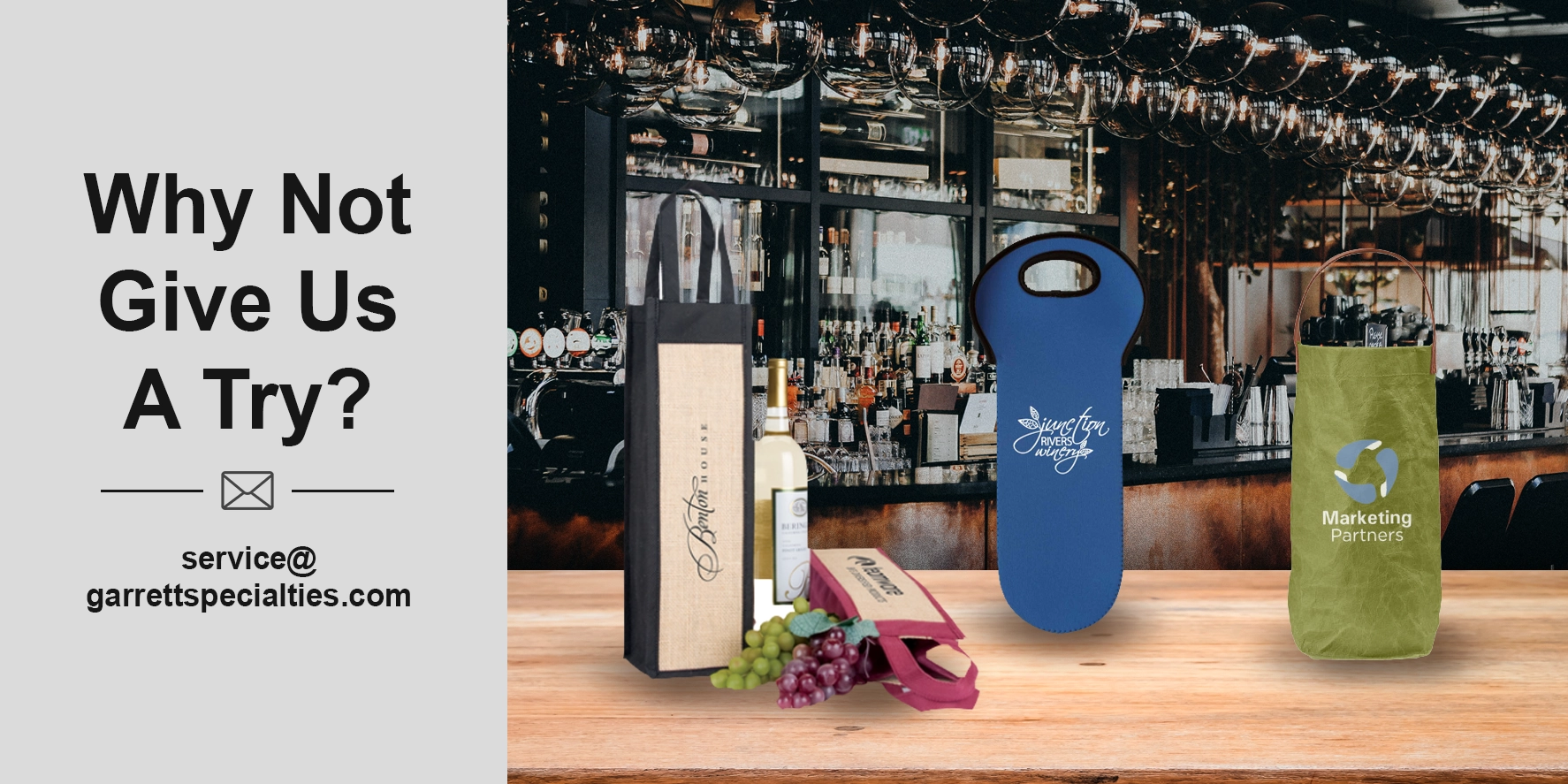 Custom wine bags, personalized wine totes and bottle carriers for wineries, BYOB restaurants, corporate giveaways, employee gifts, customer appreciation and special events