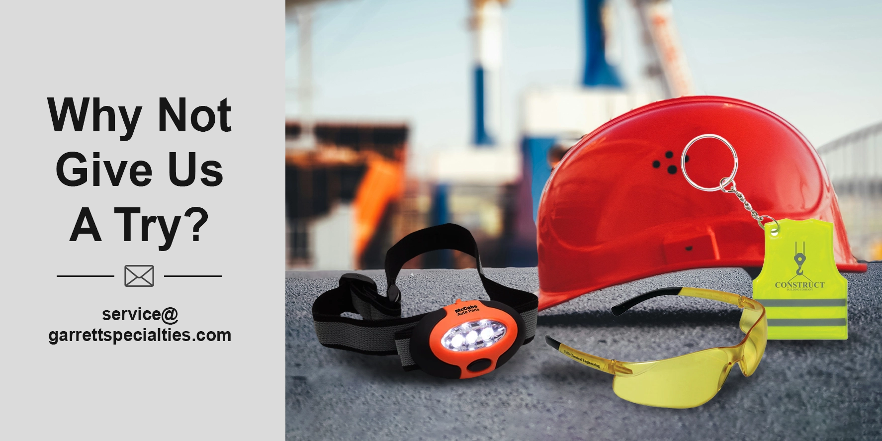 Branded workplace safety products and custom safety giveaways featuring company logos and safety messages, designed to promote employee safety awareness, accident prevention workplace safety programs.