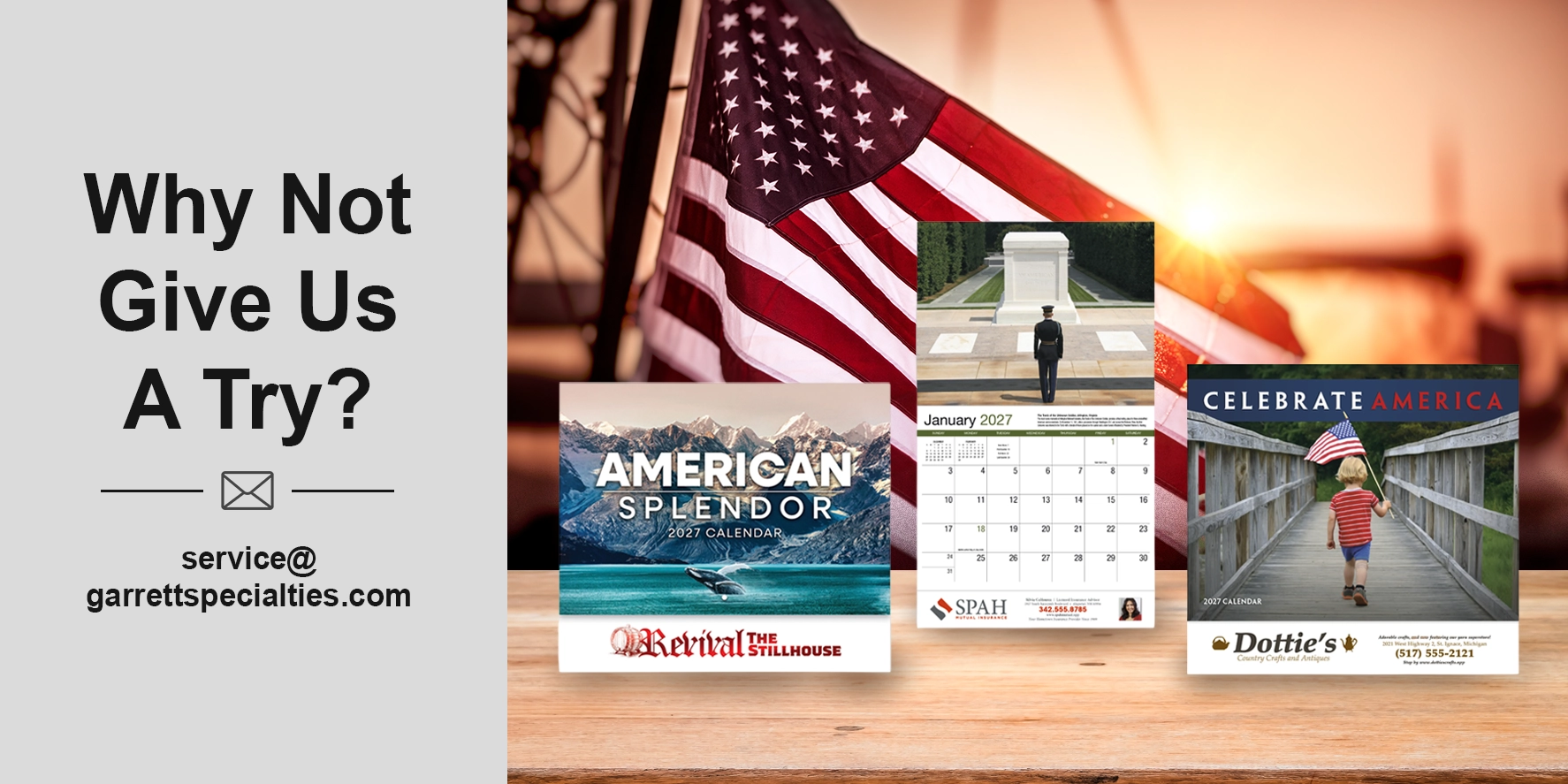 Custom America wall calendars and personalized USA-themed calendars with business logos and contact information for customer gifts, employee distributions, patriotic programs and annual promotions