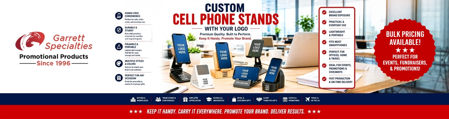 Custom Cell Phone Stands with Your Logo Custom cell phone stands with your logo including desktop phone stands, smartphone holders, mobile phone holders, and promotional phone stands for trade shows, offices, employee gifts, and corporate giveaways