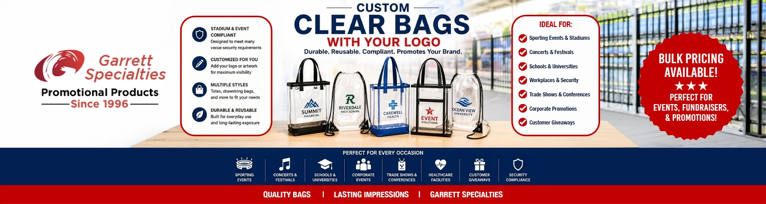Custom clear bags with logo including stadium approved totes transparent drawstring bags security compliant backpacks and vinyl cosmetic pouches for sports events