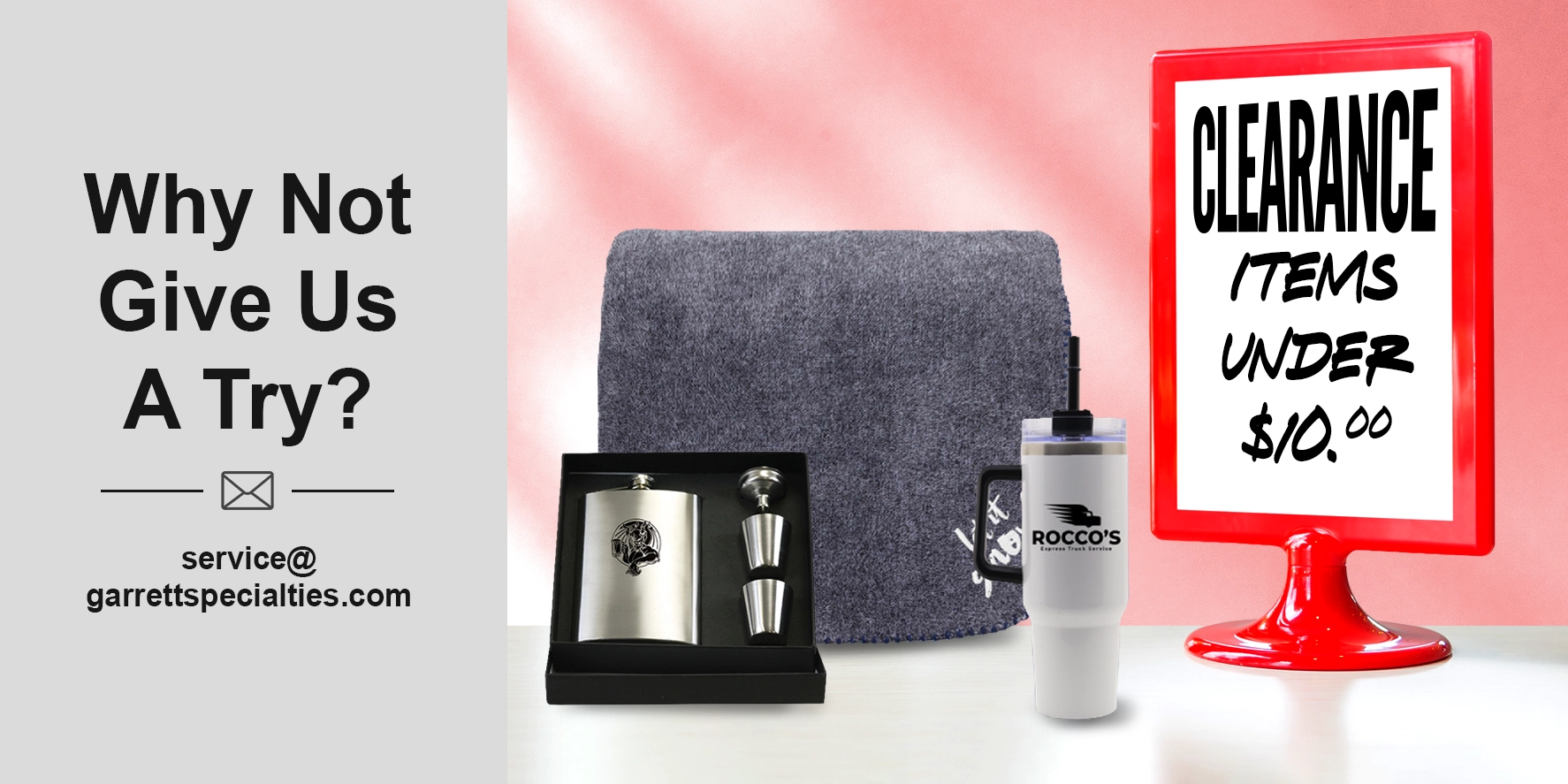 Custom promotional products under $10 including affordable drinkware, tote bags, sports bottles, personalized corporate gifts, trade show giveaways and budget-friendly logo merchandise from Garrett Specialties