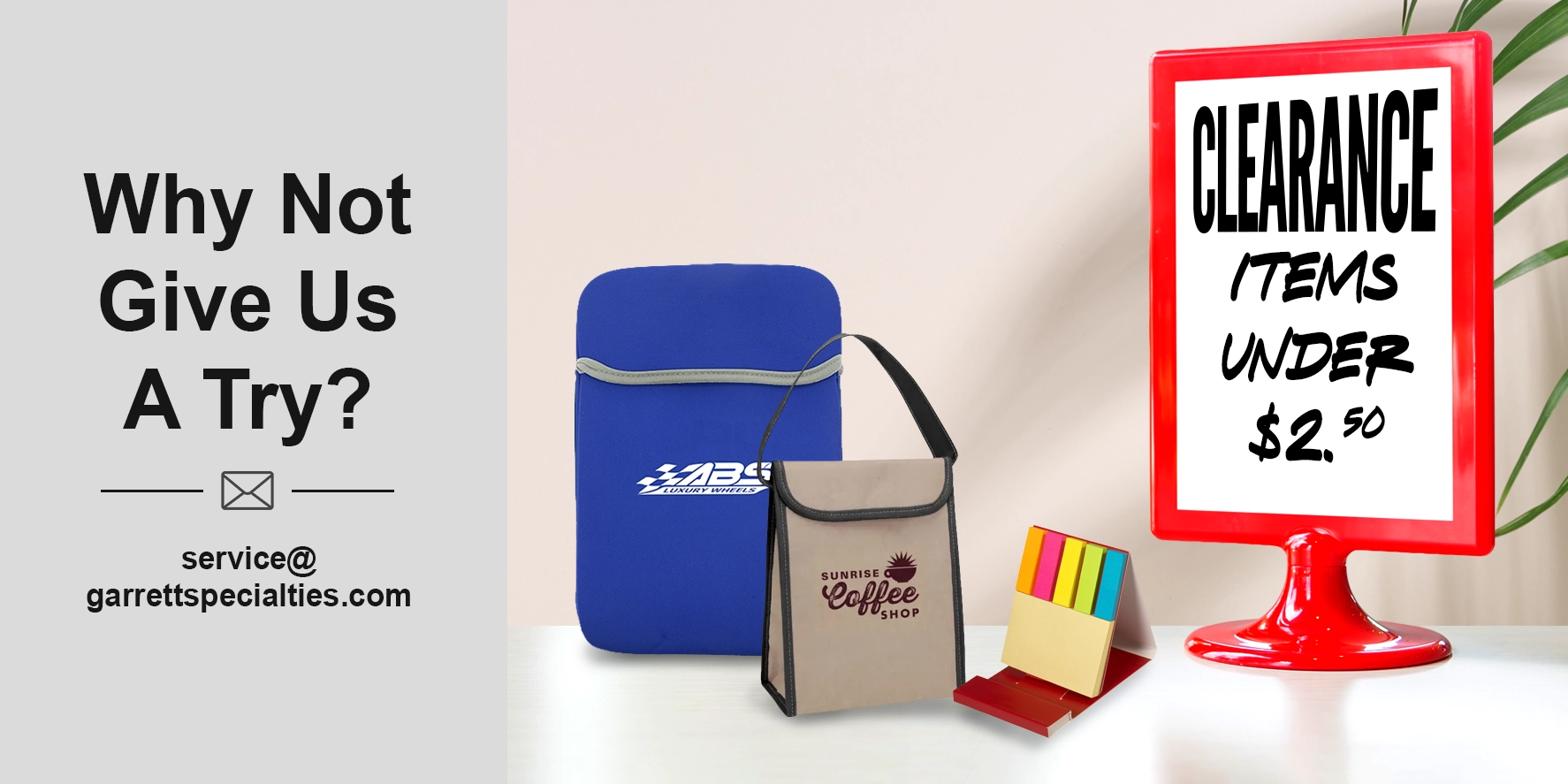 Featuring a collection of clearance items and text reading closeouts under two dollars and fifty cen
