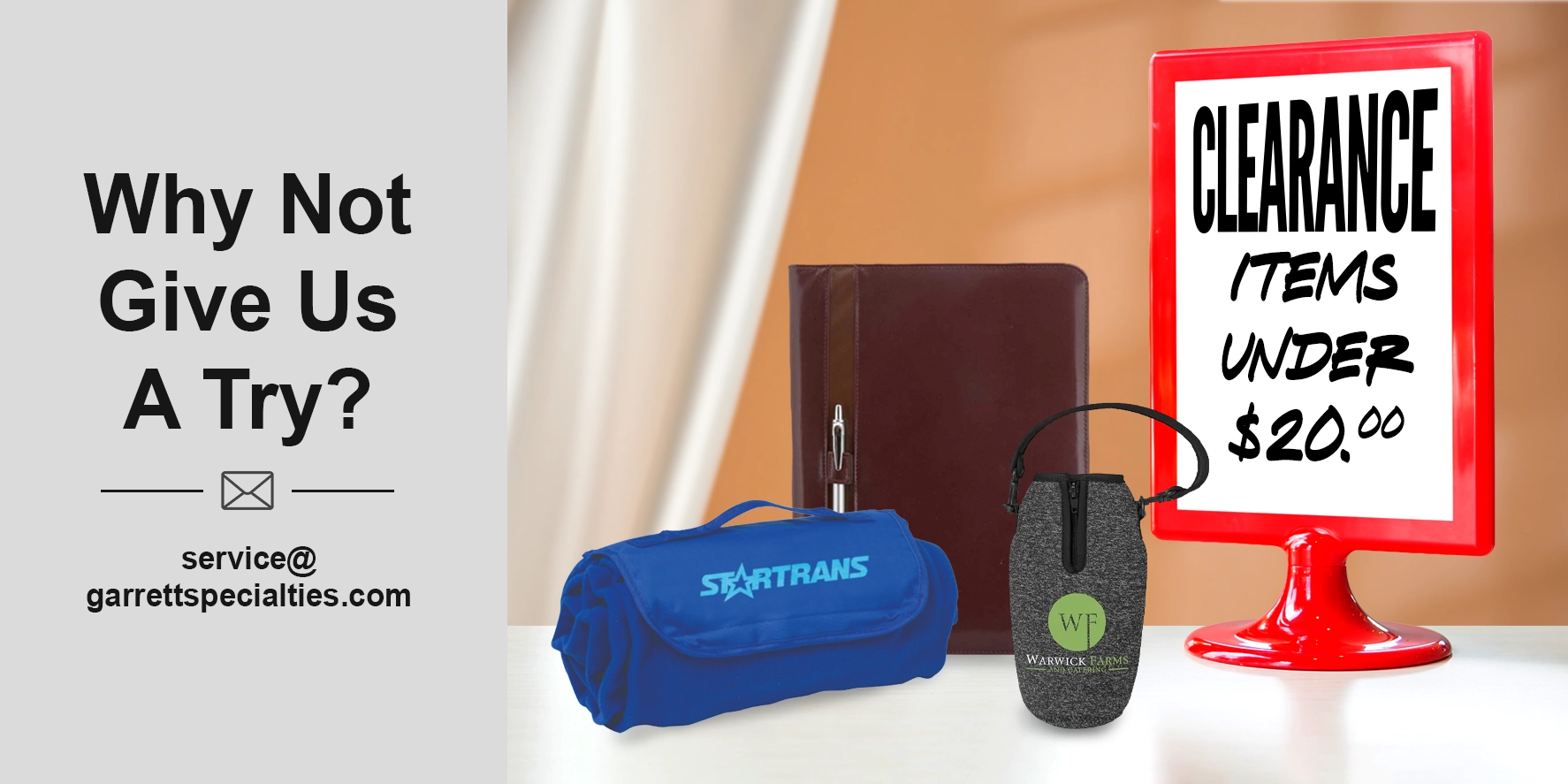 Custom promotional products under $20 featuring discounted business gifts, personalized corporate giveaways, employee appreciation merchandise and clearance promotional items from Garrett Specialties