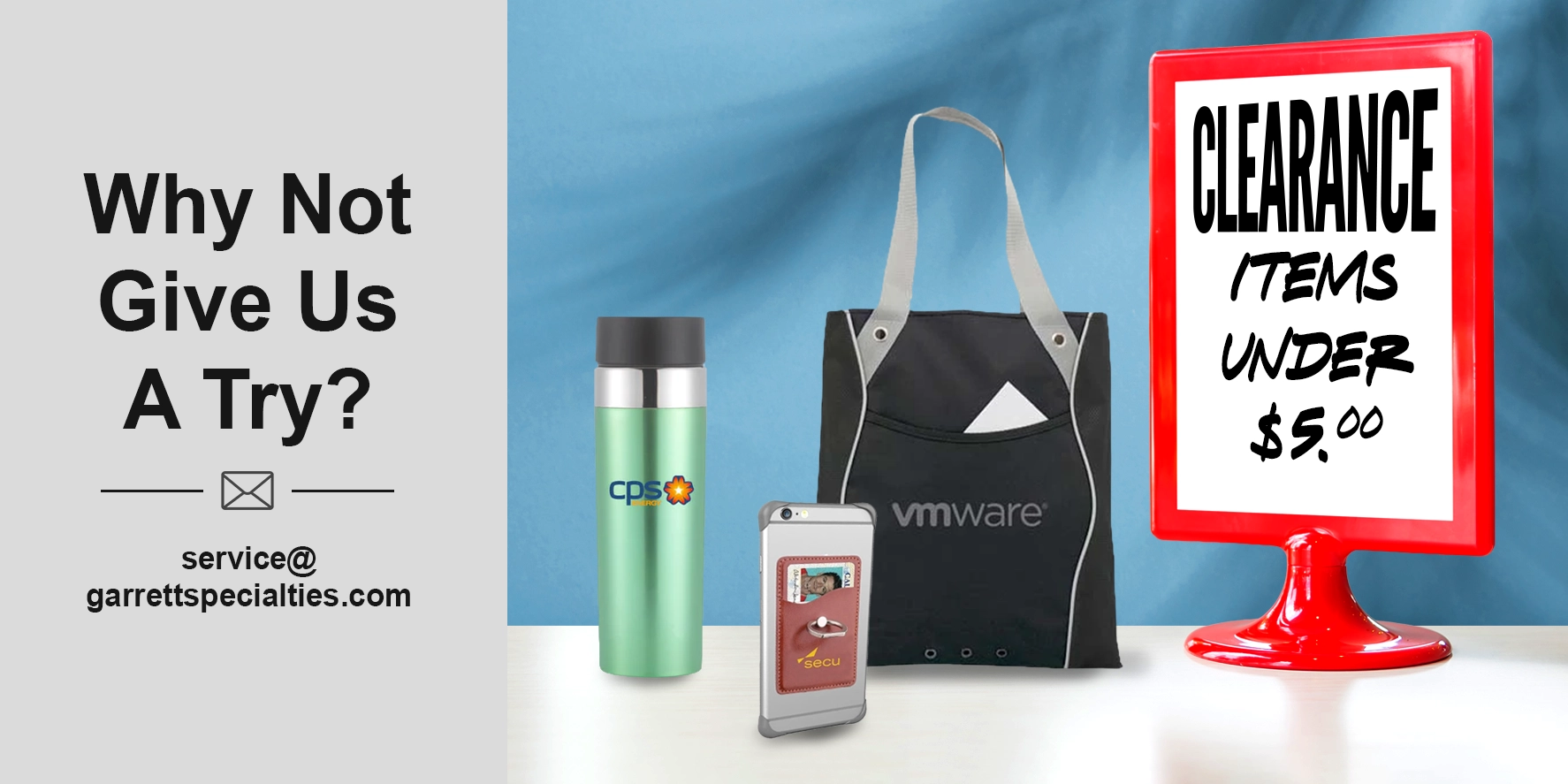 Promotional products under $5 featuring affordable custom giveaways, clearance promotional merchandise, discounted business gifts and budget-friendly logo items from Garrett Specialties