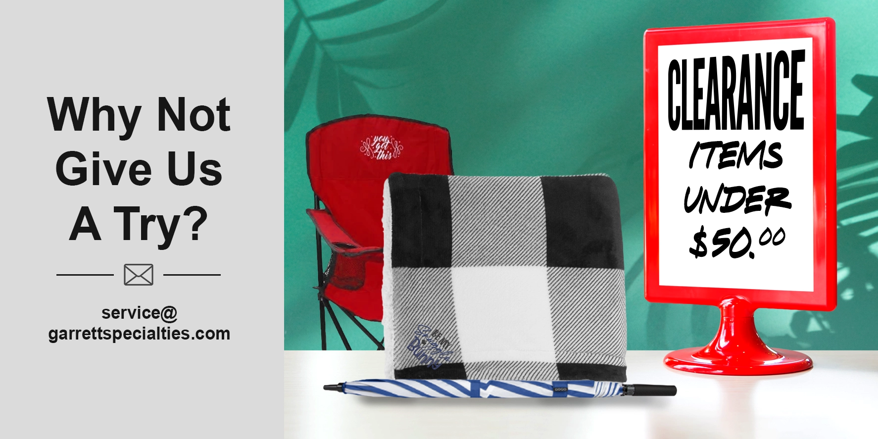 Custom promotional products under $50 featuring discounted corporate gifts, computer bags, travel bags, tech accessories, chargers and fleece blankets for client and employee appreciation from Garrett Specialties
