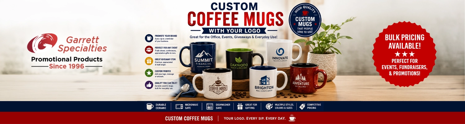 Custom ceramic coffee mugs printed with corporate logo