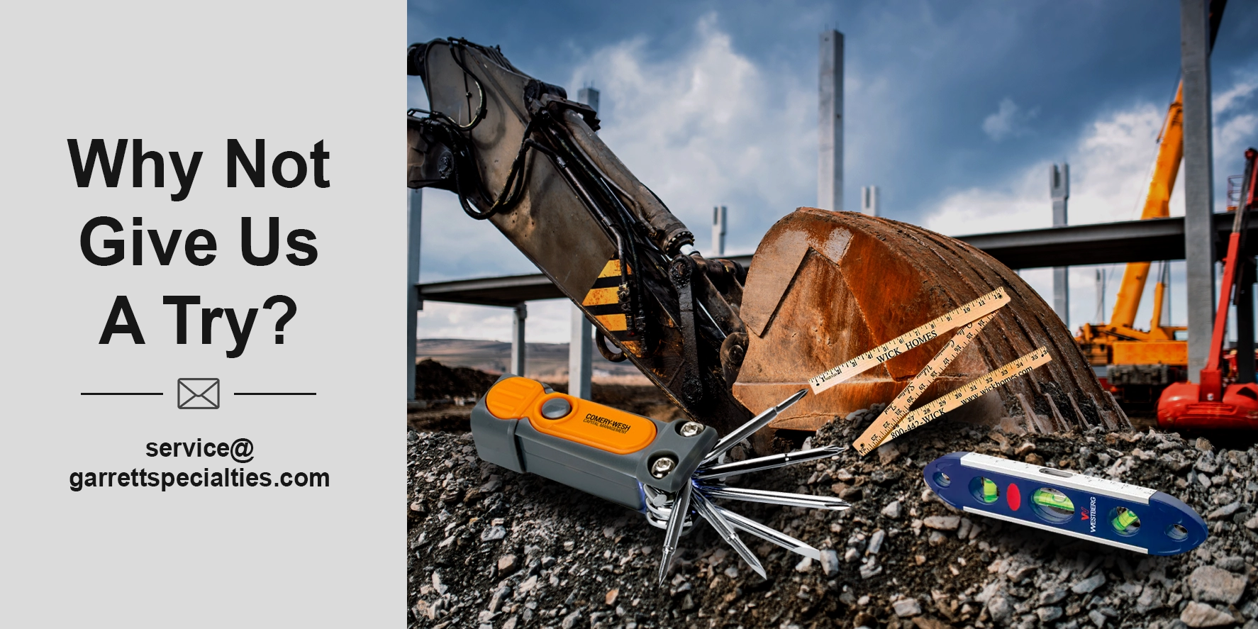 Custom contractor tools including personalized tape measures, multi-tools, screwdrivers and utility items for builders, construction companies, employees and industry events
