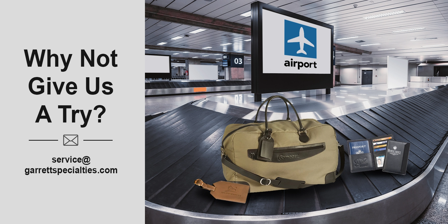Custom leather travel accessories including personalized luggage tags, passport cases and cosmetics cases with company logos for corporate travel gifts, executive incentive trips, client appreciation, travel agencies and business promotions from Garrett Specialties